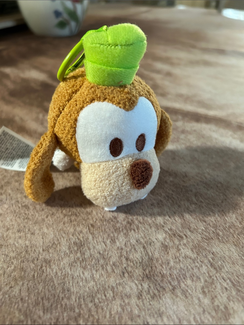 Plush Goofy Keychain with Green Hat - Soft Brown & Cream Pet Toy